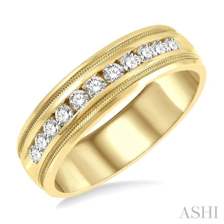 Unique Wedding Ring Sets-1/2 ctw Parallel Milgrain & Niched Center Round Cut Diamond Men's Wedding Band in 14K Yellow Gold