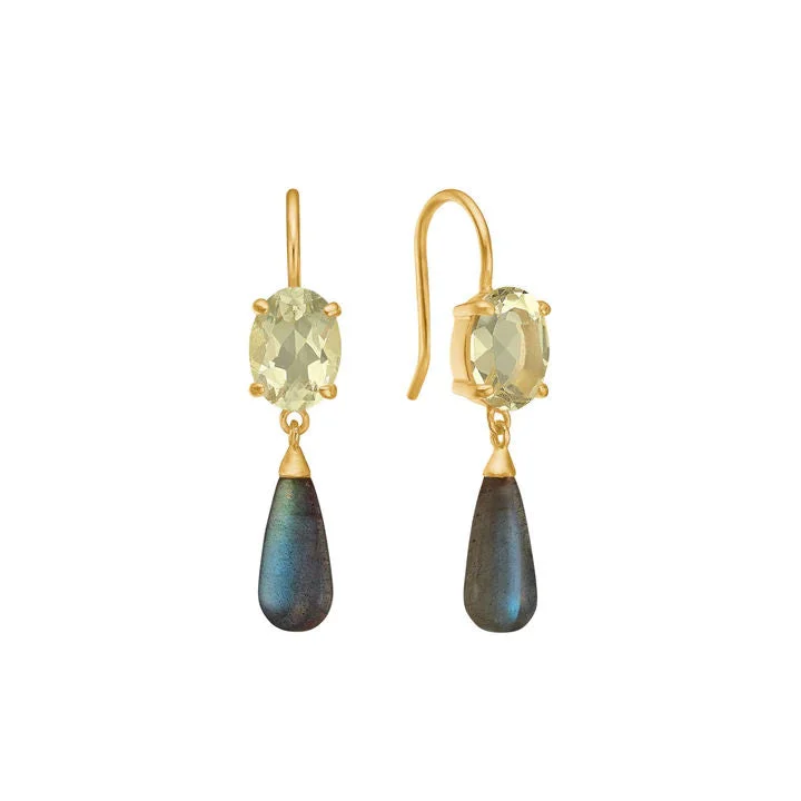 Elegant Hoop Earrings-Drop Lemon 18K Gold Plated Earrings w. Quartz & Labradorite