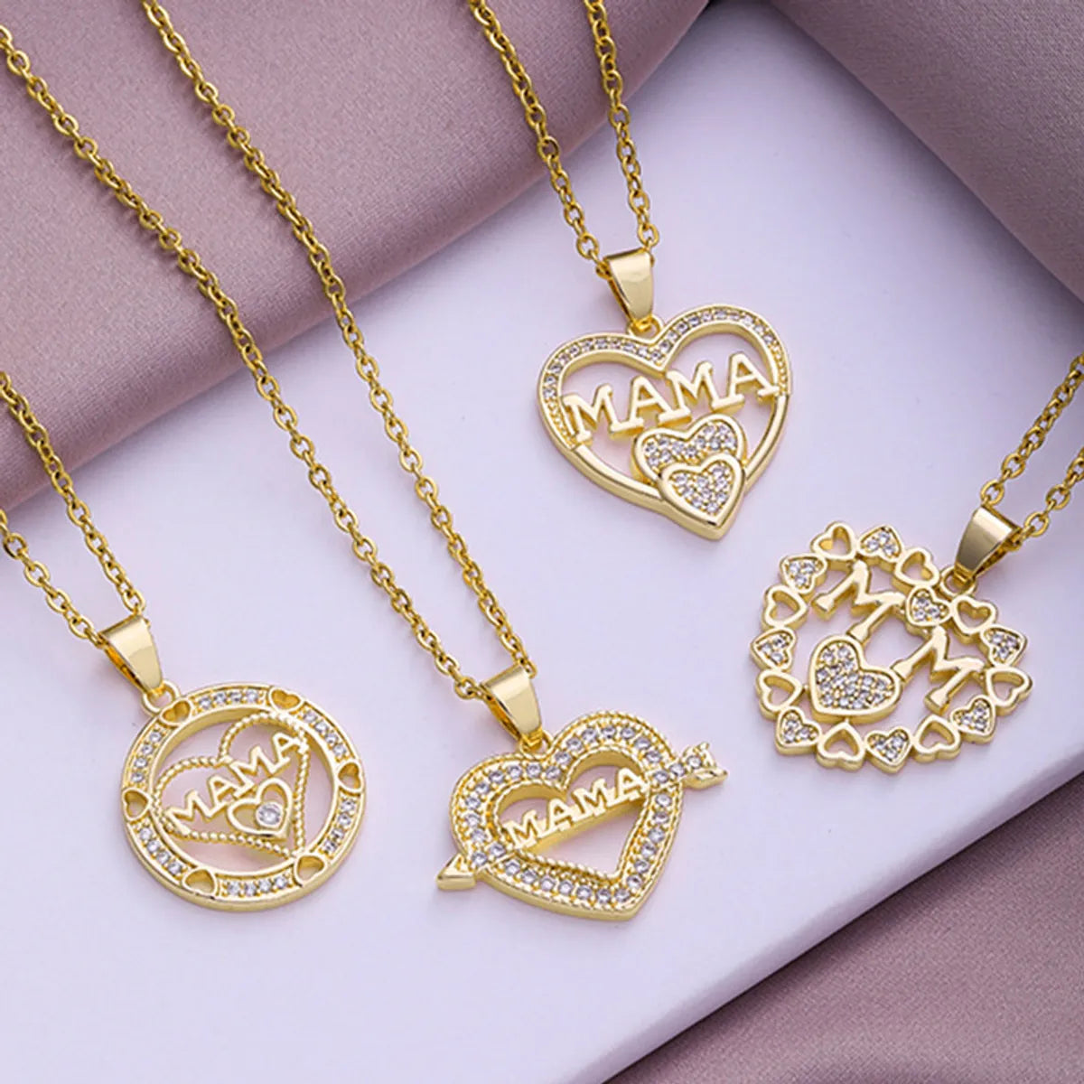 Elegant Gold Necklaces-Fashion Mama Letter Heart Shape Stainless Steel Rhinestone Plating Inlay Zircon 18k Gold Plated Pendant Necklace