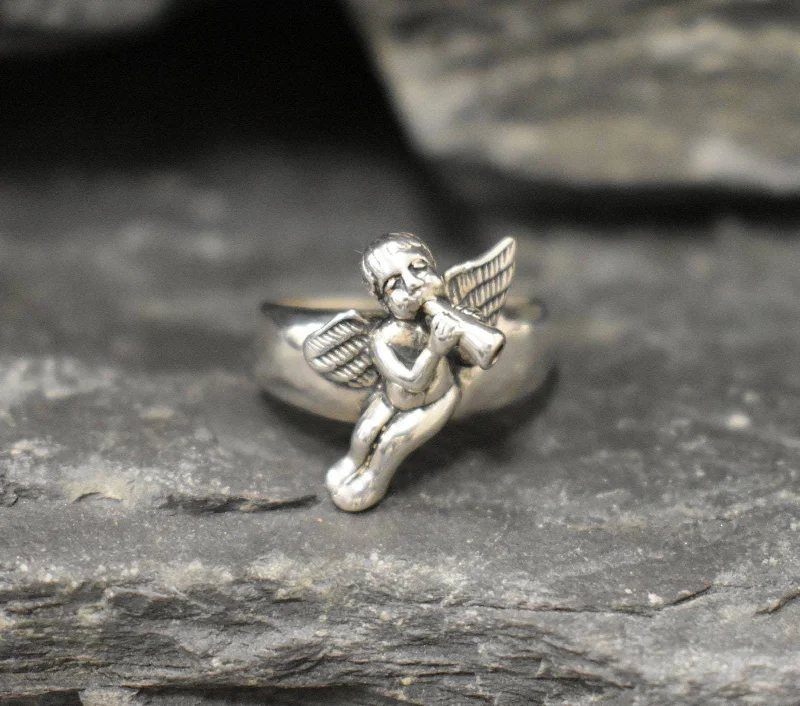 Fashionable Engagement Rings with Birthstones-Silver Angel Ring - Silver Cupid Ring - Small Angel Ring