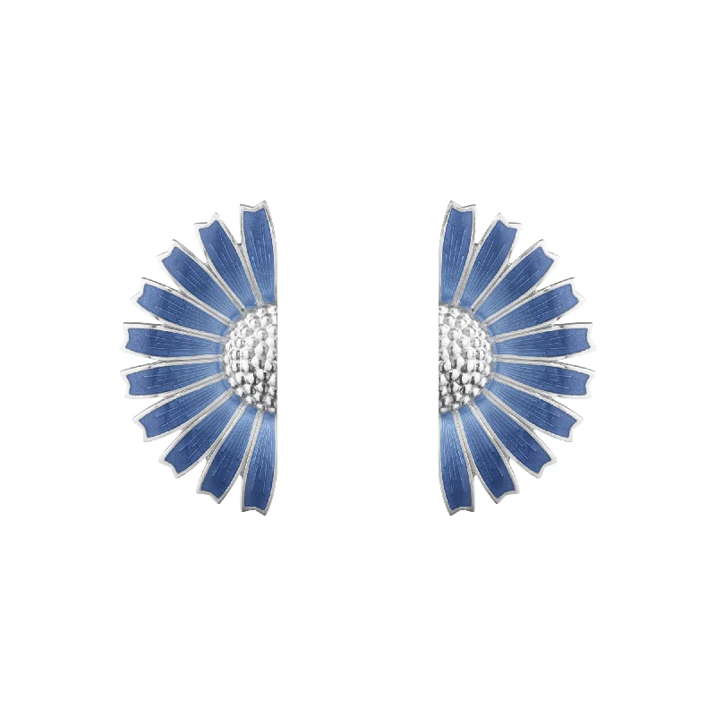 Designer Hoop Earrings for Women-Daisy Half Flower Silver Earrings w. Blue Enamel