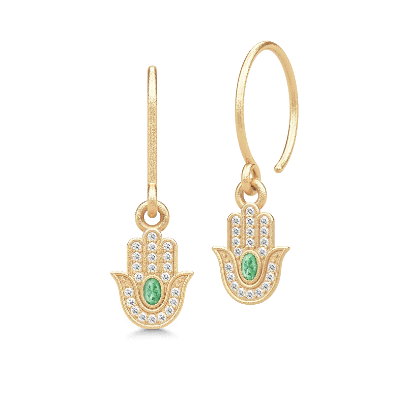 Simple Hoop Earrings for Women-Hamsa Protection Gold Plated Earrings w. Green Tourmaline