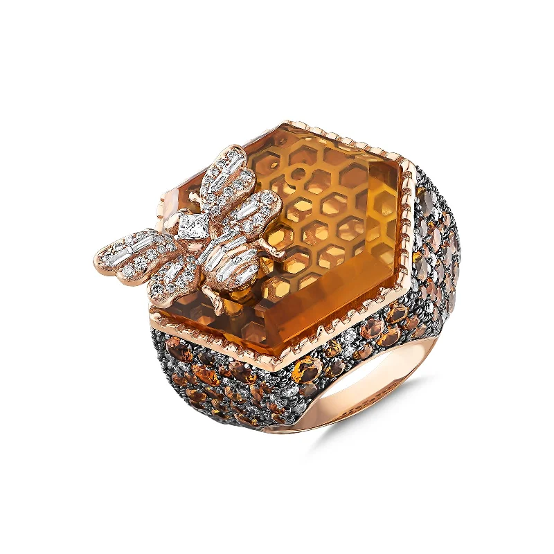 Men’s Wedding Bands with Birthstones-QUEEN BEE GOLD DIAMOND ORANGE SAPPHIRE RING