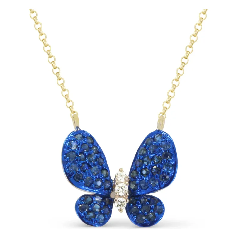 Simple Pendant Necklaces-14K Yellow Gold Blue Sapphire Butterfly Necklace