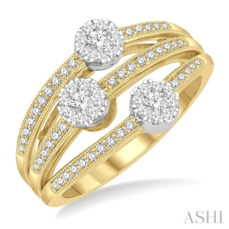 Designer Wedding Rings with Gemstones-3/8 ctw Split Top Tri Mount Lovebright Round Cut Diamond Ring in 14K Yellow Gold