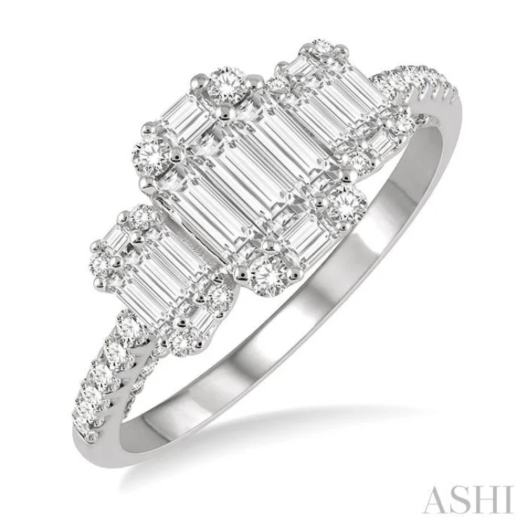 Handmade Engagement Bands-7/8 ctw Tri-Mount Fusion Baguette and Round Cut Diamond Engagement Ring in 14K White Gold