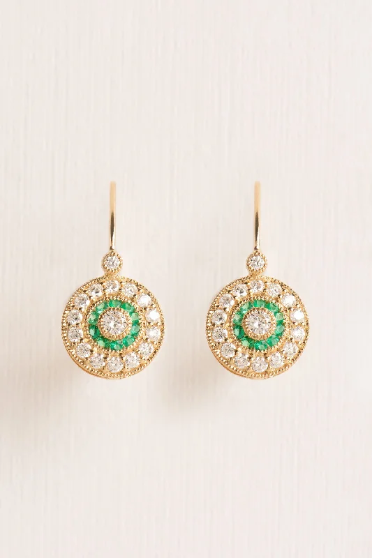 Designer Hoop Earrings for Women-Leverback Emerald & Diamond Rosas 18K Gold Earrings