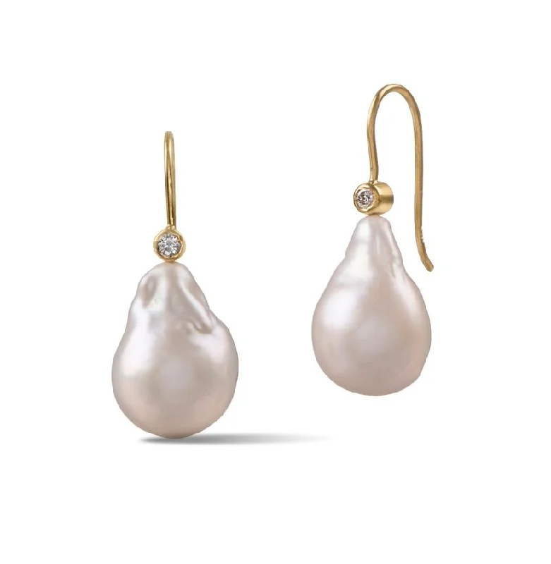 Gold Drop Earrings-Baroque 18K Gold Drop Earrings w. Pearls & Diamonds