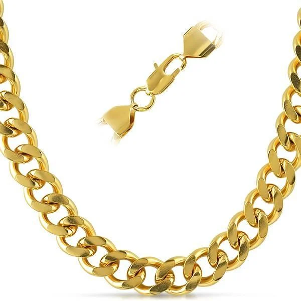 Pendant Necklaces-12MM Cuban IP Gold Stainless Steel Chain Necklace