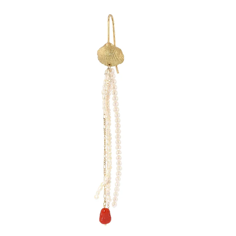 Trendy Hoop Drop Earrings-Sea Shell 18K Gold Earring w. Coral & Pearls