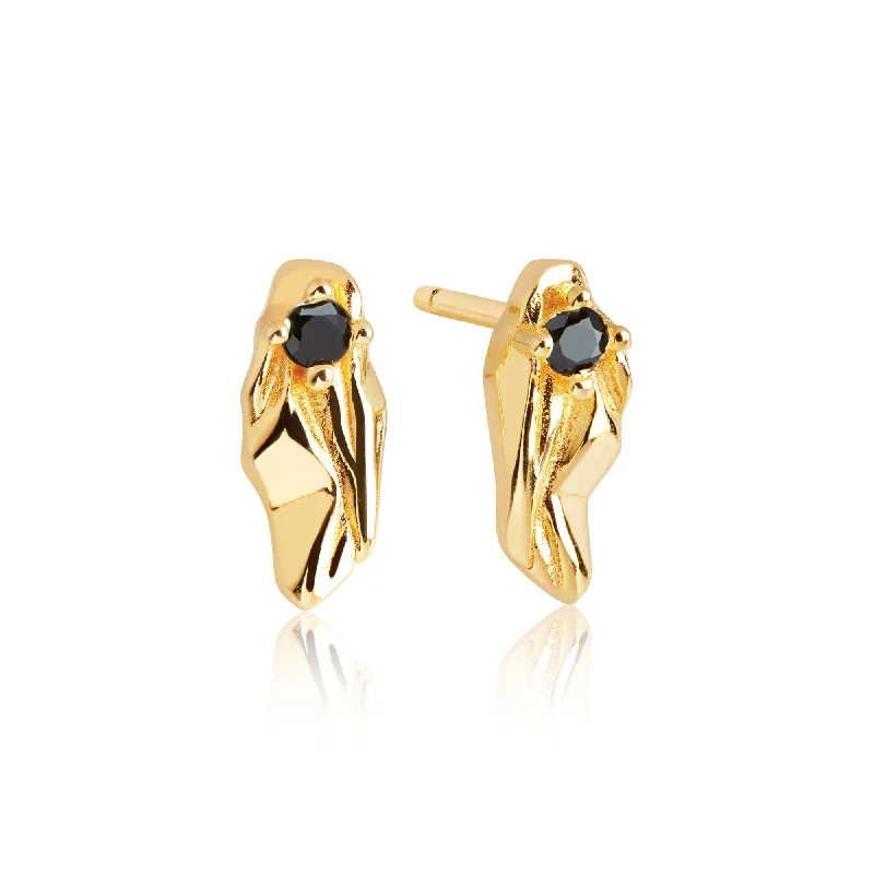 Trendy Gold Earrings for Women-Vulcanello Parvus Gold Plated Earrings w. Black Zirconias