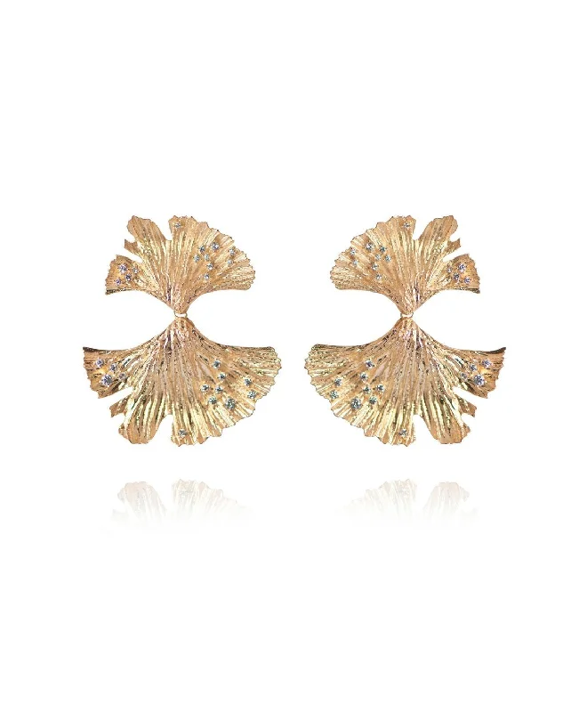 Trendy Hoop Earrings for Women-Golden Hues Ginkgo Gold Plated Earrings w. Zirconia