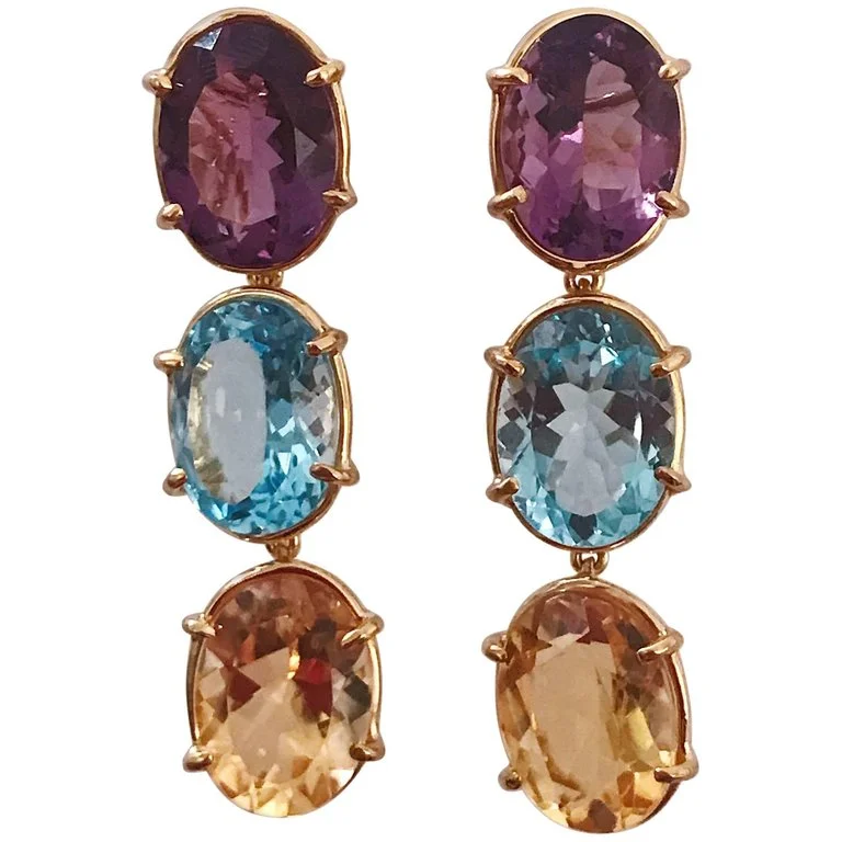 Sparkling Drop Stud Earrings-Elegant Three-Stone Drop Earring with Amethyst and Blue Topaz and Citrine