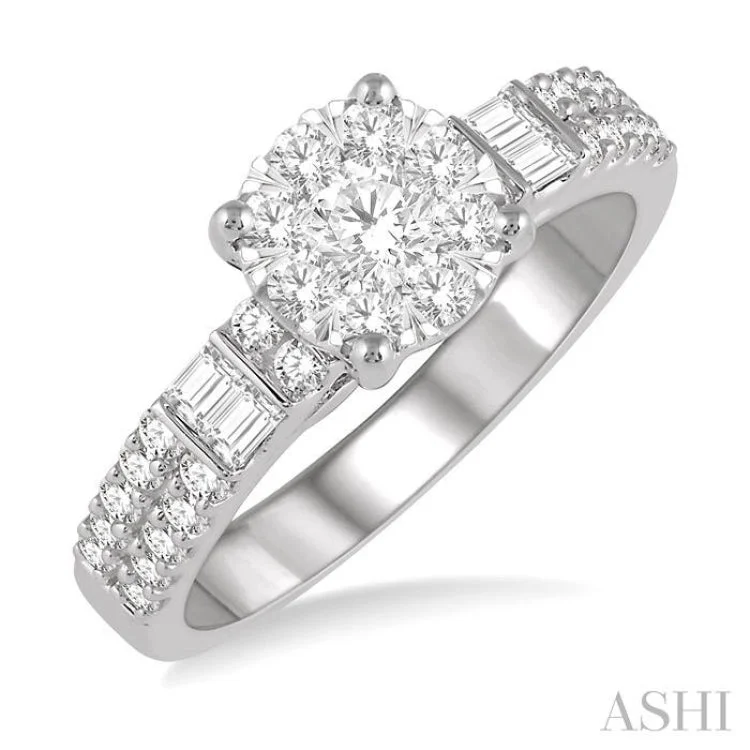 Custom Women’s Diamond Rings-7/8 ctw Round and Baguette Diamond Lovebright Engagement Ring in 14K White gold