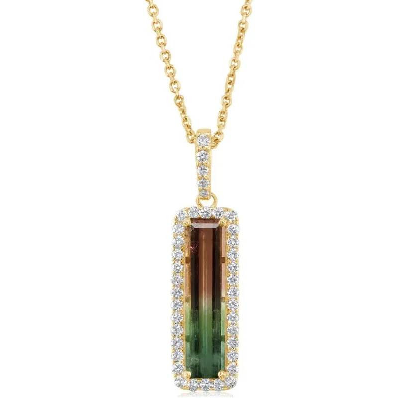 Custom Birthstone Pendant Necklaces-14K Gold Watermelon Tourmaline & Diamond Halo Pendant