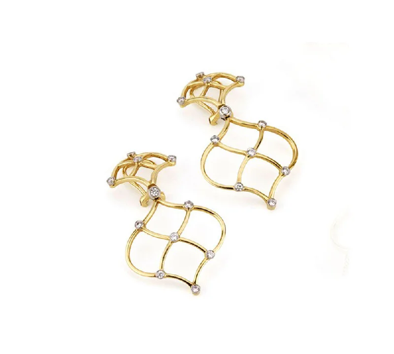 Large Hoop Drop Earrings-18kt Yellow Gold Woven Drop Earrings with Diamonds