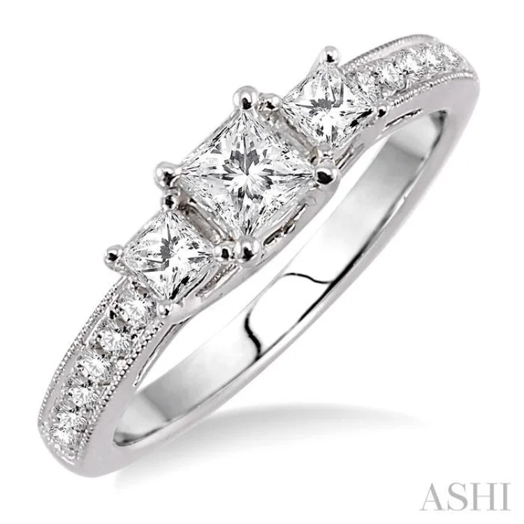 Customizable Wedding Ring Sets-3/4 Ctw Diamond Engagement Ring with 1/3 Ct Princess Cut Center Stone in 14K White Gold