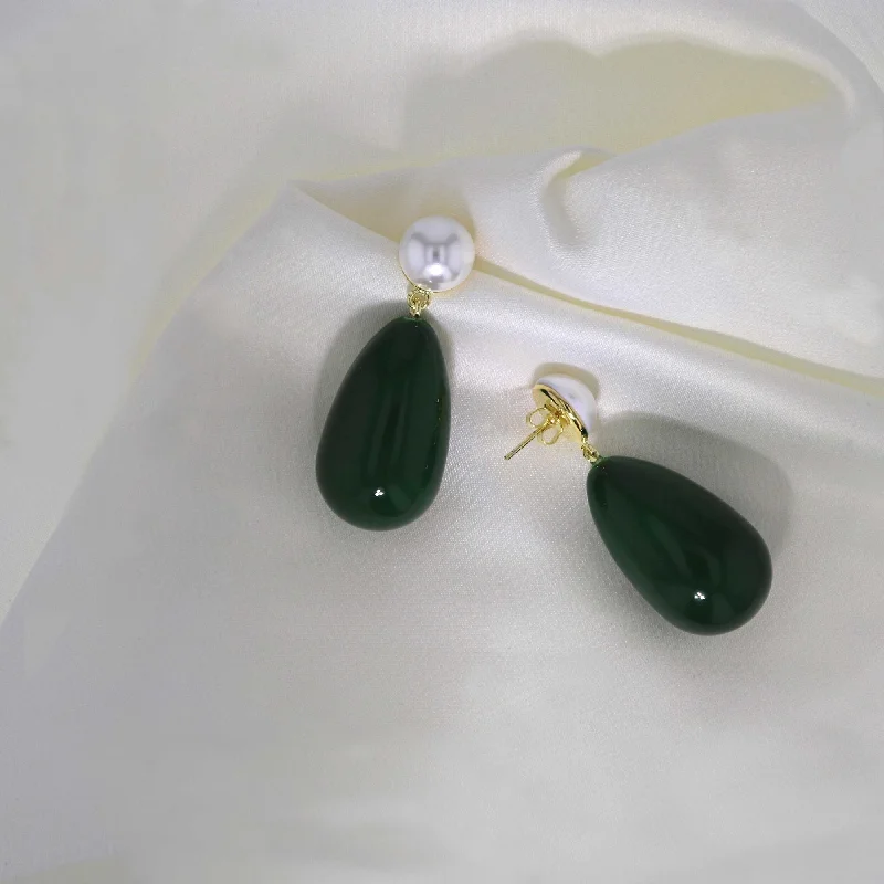 Trendy Crystal Earrings for Women-Drop Green & White Gold Plated Earrings w. Pearls