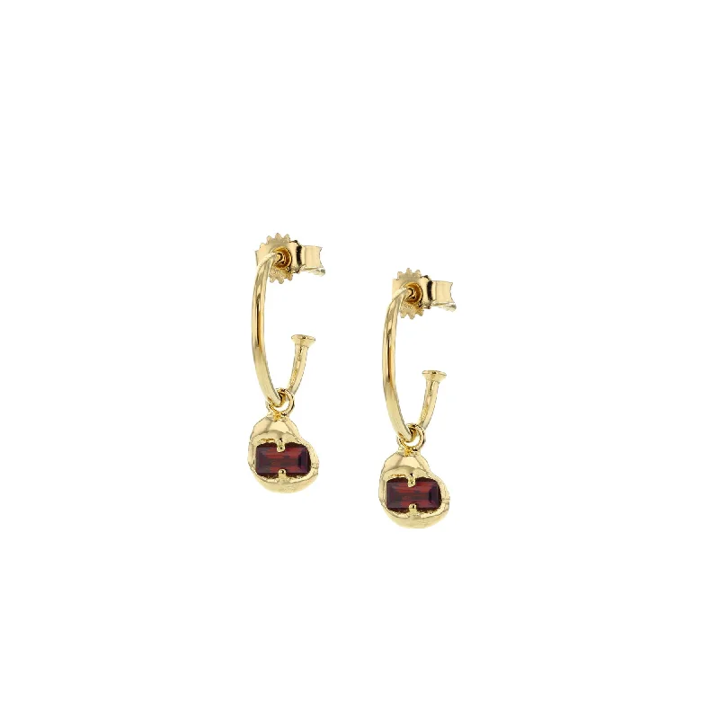 Simple Crystal Hoop Earrings-Joined Gold Plated Earrings w. Red Zirconias