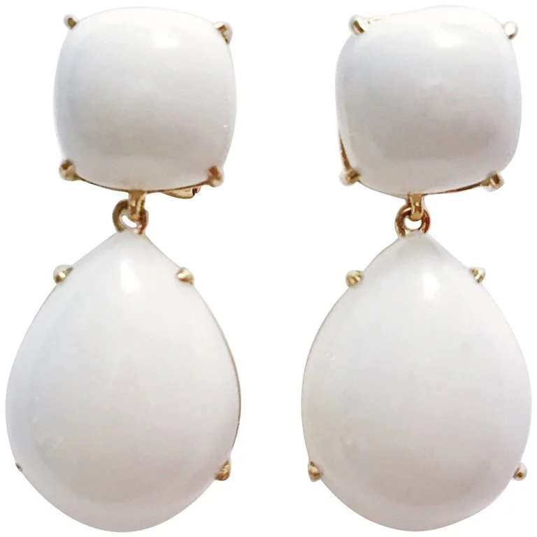 Customizable Hoop Earrings-Yellow Gold Pear Drop Earring with White Jade