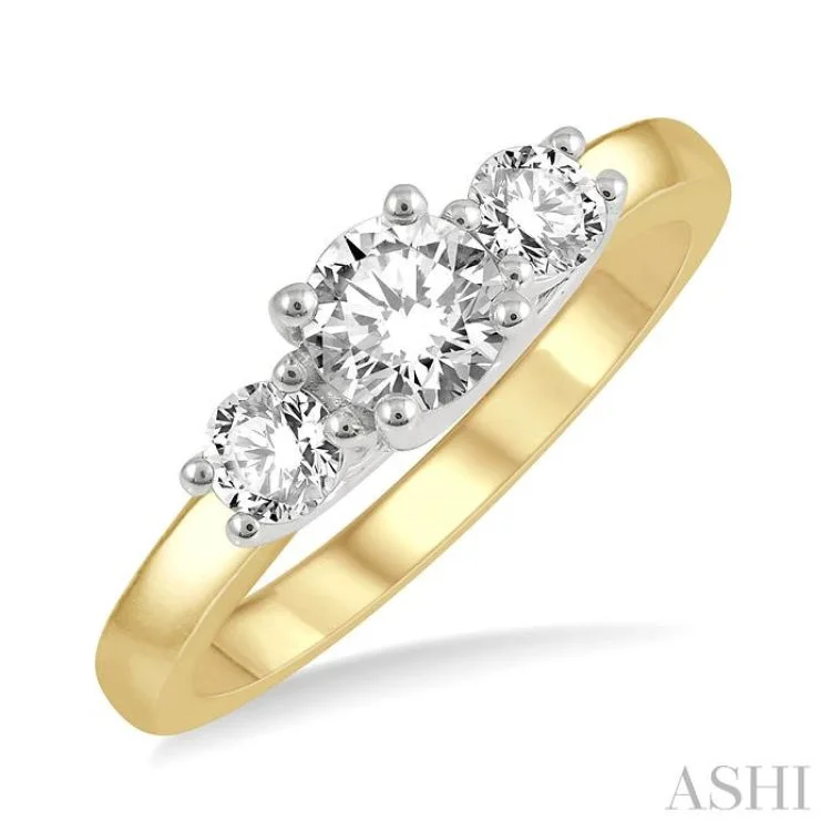 Custom Designer Promise Rings-3/4 ctw Round Cut Diamond Three-Stone Ring in 14K Yellow and White Gold