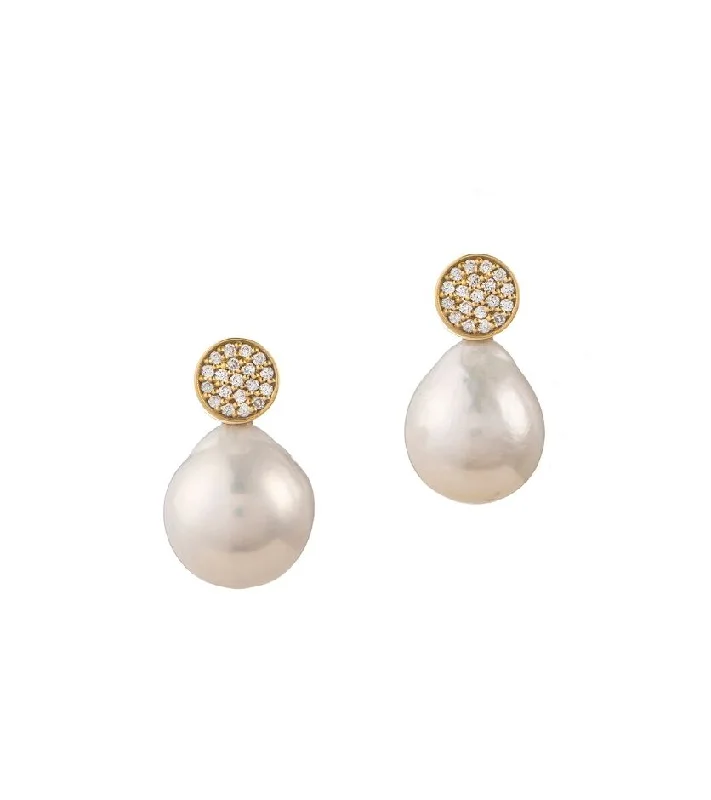 Large Pearl Drop Earrings-Diamond Disk Pearl 18K Gold Drop Earrings