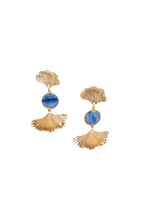 Designer Gold Earrings for Women-Double Gold Fan Blue Lapis Earrings