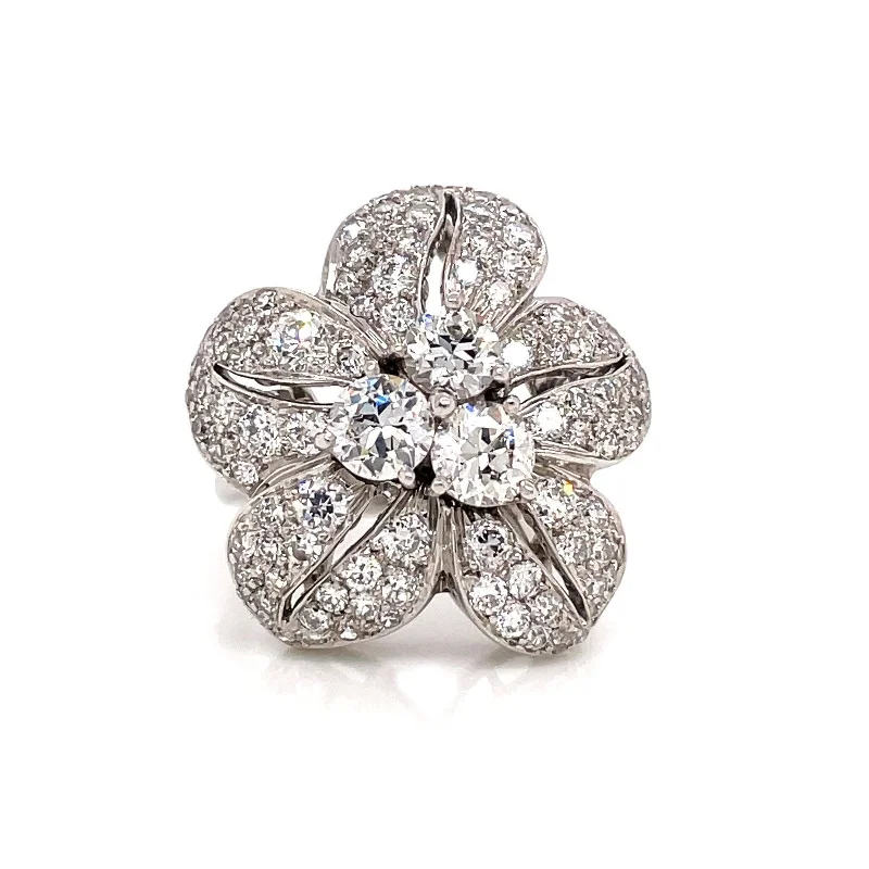 Vintage Custom Engagement Rings-2.05 CARAT old European cut DIAMOND FLOWER MOTIF LADIES RING