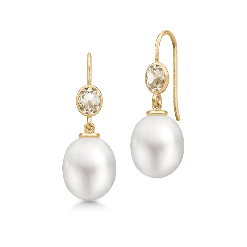 Crystal Drop Earrings-Callas Gold Plated Earrings w. Quartz & White Pearls