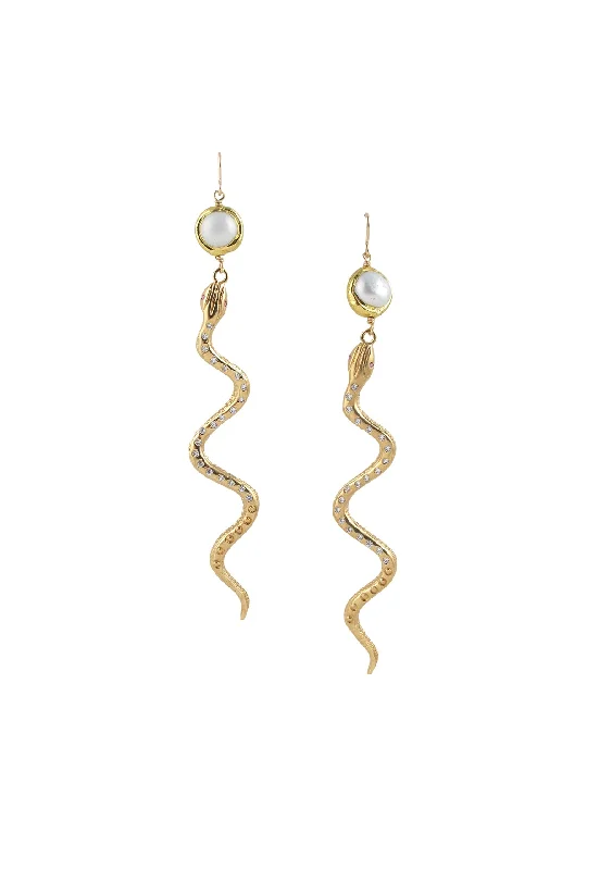 Sparkling Drop Stud Earrings-Diamond Illusion Gold Snake Pearl Earrings