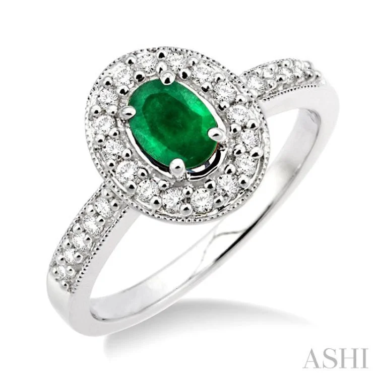 Matching Wedding Rings for Couples-6x4 MM Oval Cut Emerald and 1/4 ctw Round Cut Diamond Ring in 14K White Gold