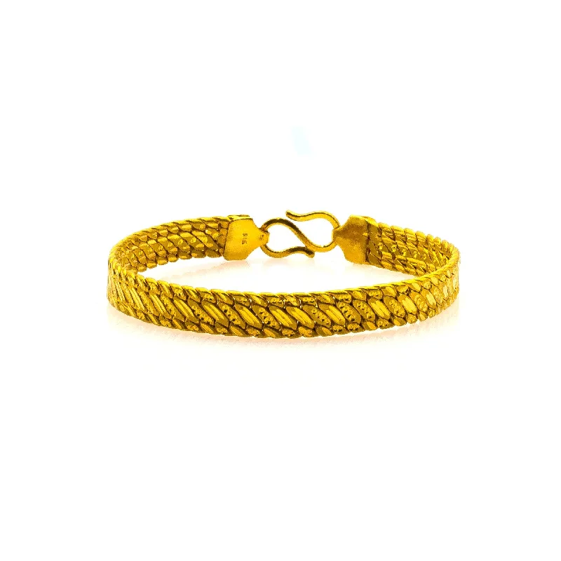 Engraved Leather Bracelets-22K Yellow Gold Men's Bracelet W/ Slanted Stacked Link & Etched Details