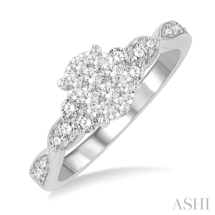 Custom Name Rings for Women-1/2 ctw Oval Shape Center Criss-Cross Carved Shank Lovebright Round Cut Diamond Engagement Ring in 14K White Gold