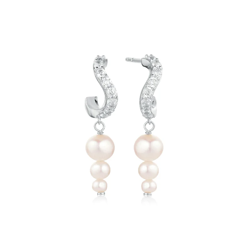 Sparkling Gemstone Earrings-Ponza Lungo Silver Creols w. Zirconias & Pearls