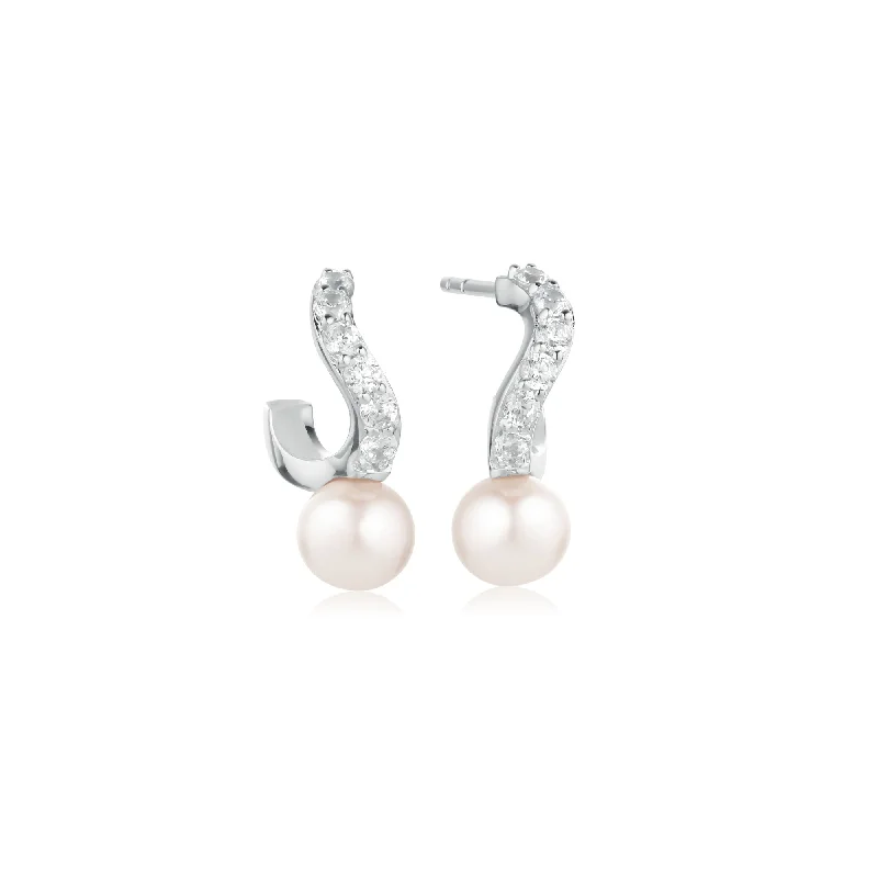 Stylish Hoop Earrings-Ponza Small Silver Creols w. Zirconias & Pearl