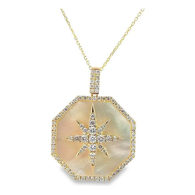 Boutique Necklaces-14K Yellow Gold Mother of Pearl Medallion Diamond Necklace