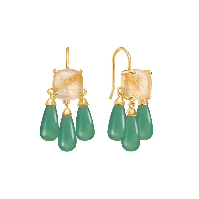 Crystal Hoop Earrings-18K Gold Plated Earrings w. Quartz & Green Agate