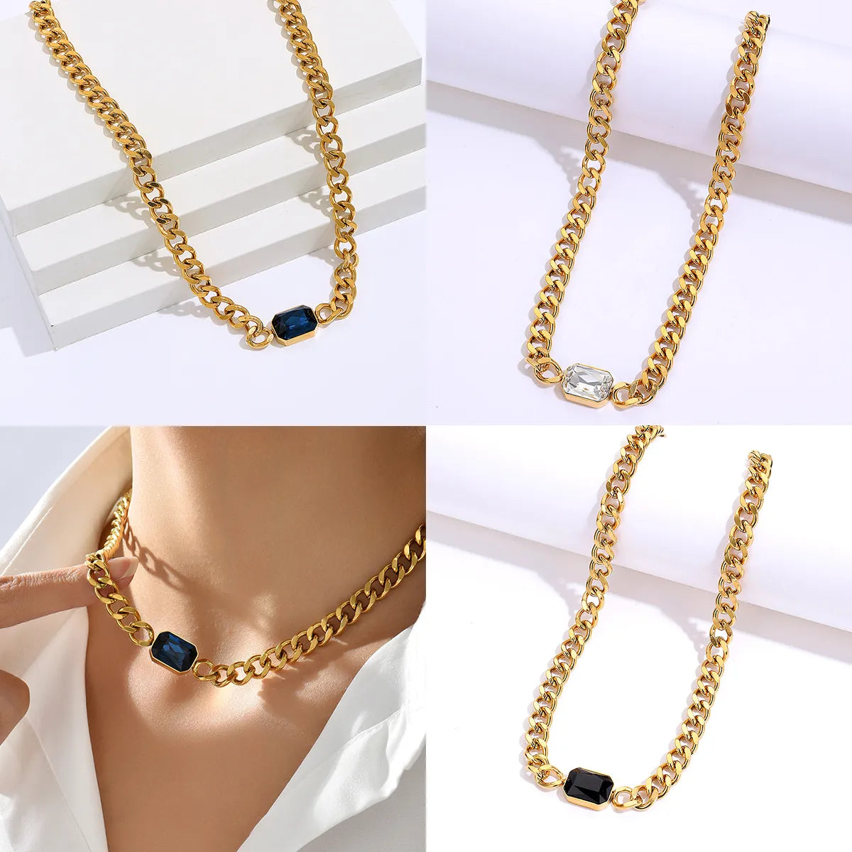 Women's Necklaces-Fashion Rectangle Stainless Steel Plating Zircon 18k Gold Plated Necklace