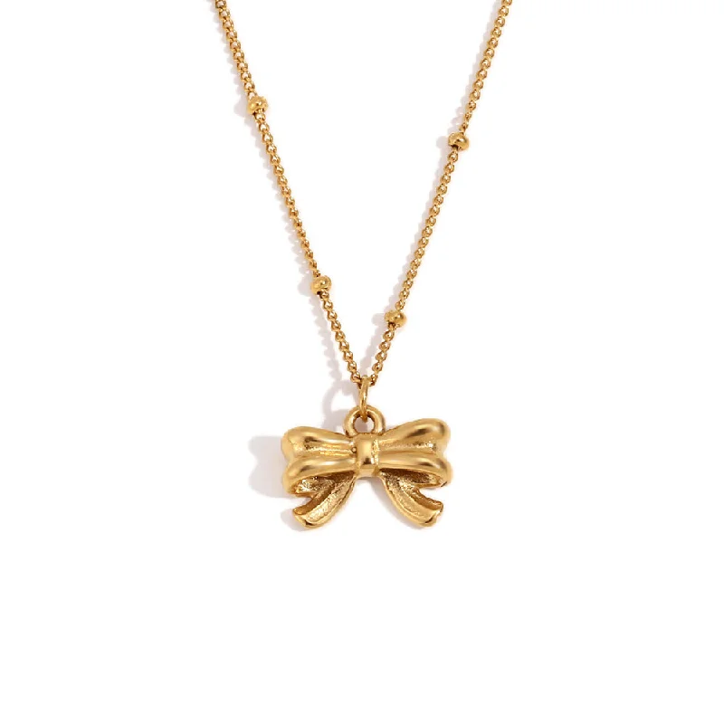 Bead Chain Bow Pendant Necklace - Gold