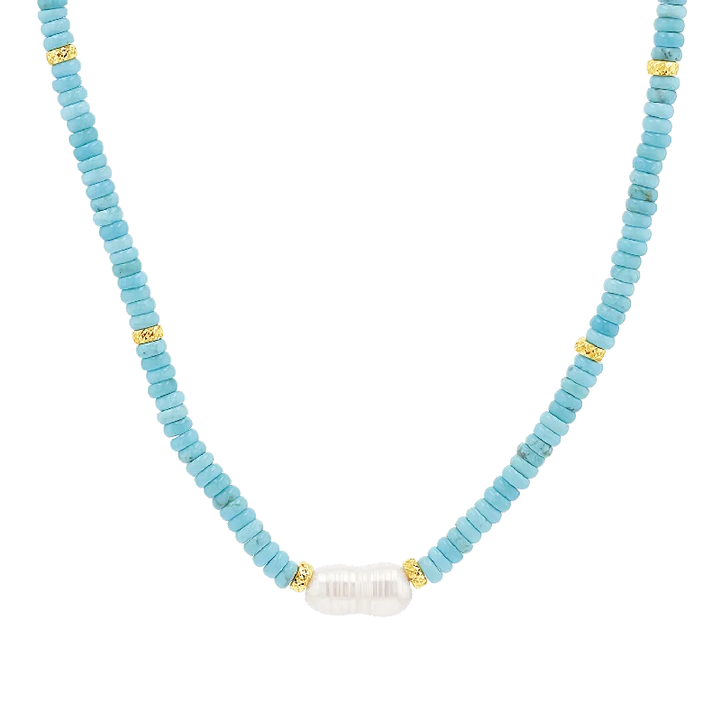 Silver Chain Necklaces-Pearl & Gold Accent Turquoise Necklace