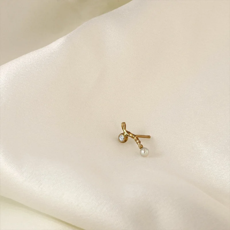 Classic Hoop Earrings for Women-Twisted Pearl 18K Gold Stud w. Diamond & Pearl