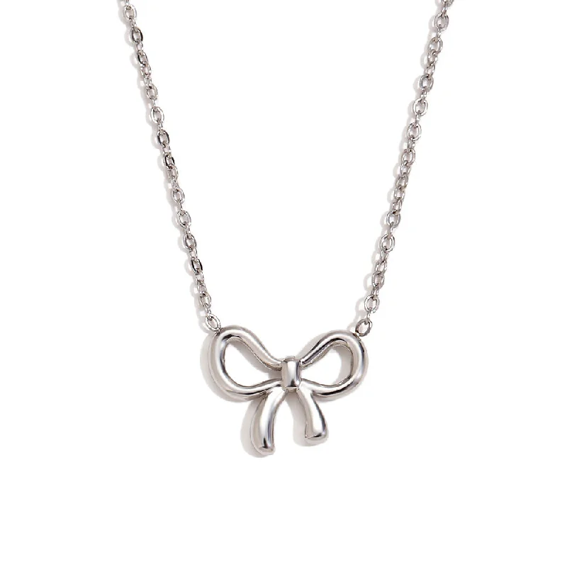 Simple and Sweet Bow Pendant Necklace - Steel