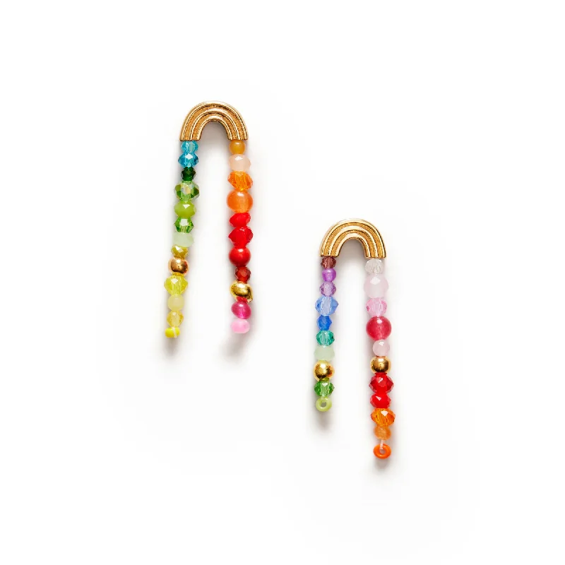 Luxury Gemstone Hoop Earrings-Double Rainbow Gold Plated Earrings w. Mixed Beads