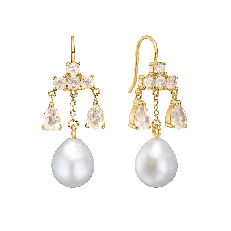 Simple Designer Earrings-Unicorn 18K Gold Plated Earrings w. Quartz & baroque Pearls