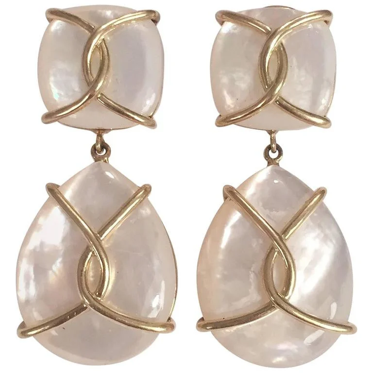 Handmade Crystal Hoop Earrings-Mother Of Pearl Cushion Drop Earrings with Twisted Gold Detail