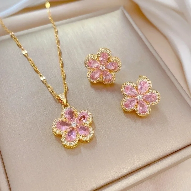 D319 Pink Necklace-D320 Pink Stud Earrings