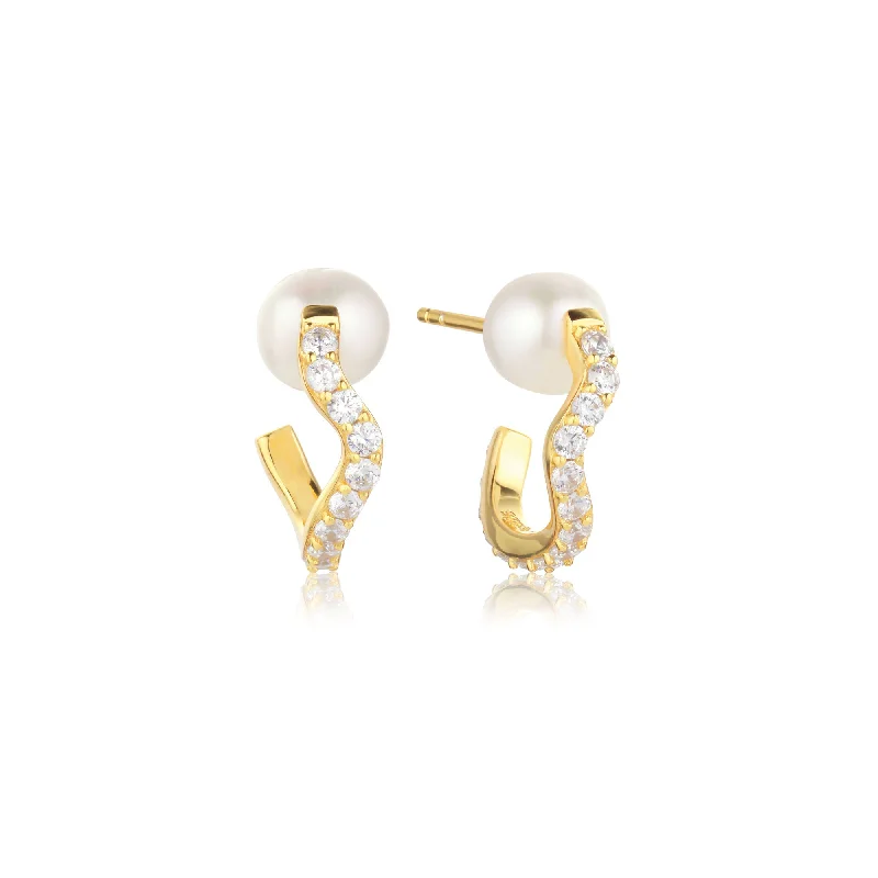 Large Hoop Earrings-Ponza Medio 18K Gold Plated Creols w. Zirconias & Pearl