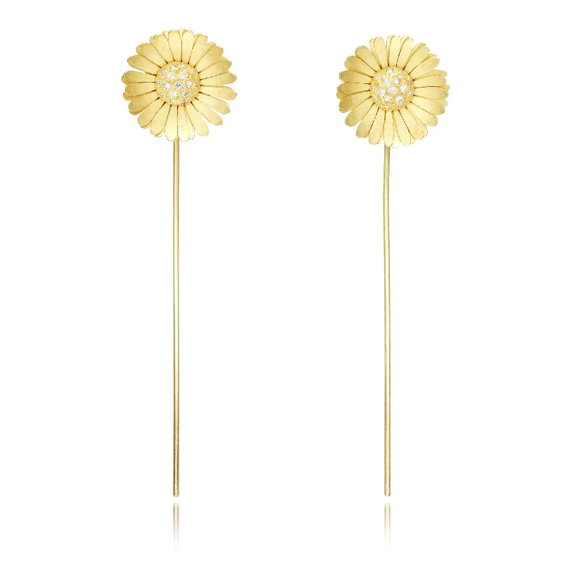 Trendy Crystal Earrings for Women-Daisy Drop 18K Gold Earrings w. Diamond