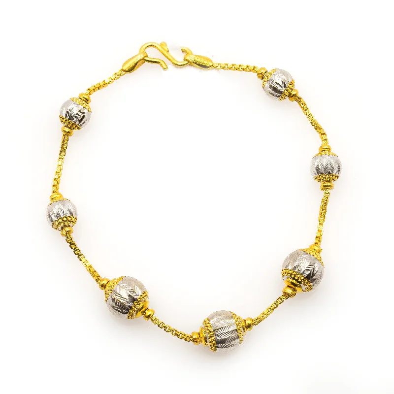 Colorful Stone Bracelets-22K Multi Tone Gold Bracelet W/ Leaf Etched Bead Balls & Box Link Chain