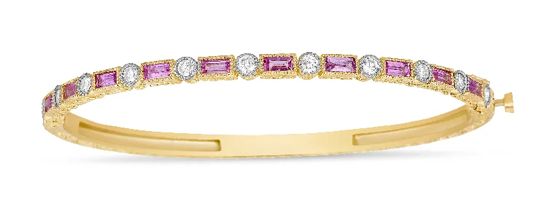 Abstract Bracelets for Men-Pink Sapphire Baguette & Diamond Bezel Bangle